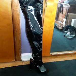 Patent "leather" peep toe peep heel boots